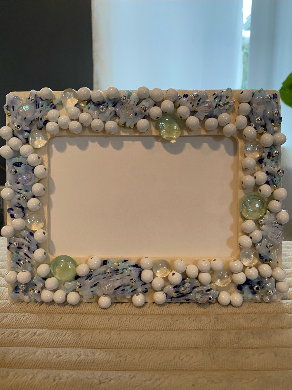 Handcrafted Beaded White and Light Green Decorative Photo Frame